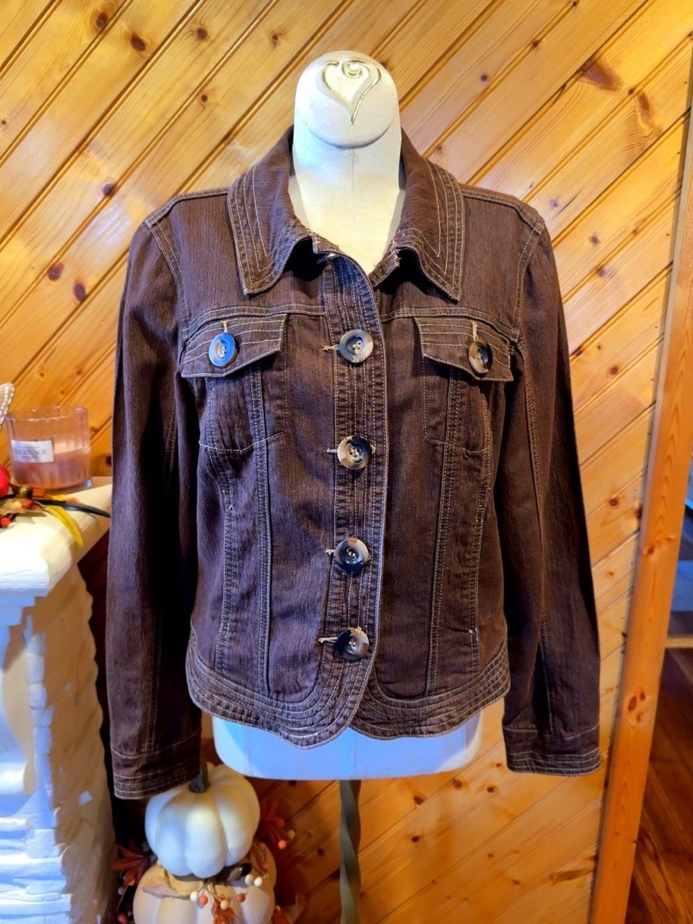 A.M.I. Brown Denim Jacket Medium Y2K Button Front Cropped Trucker